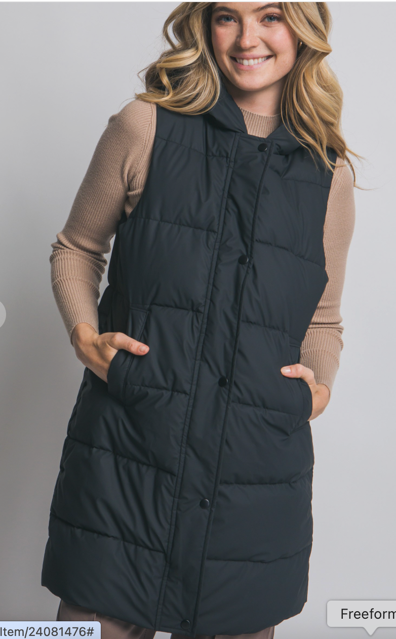 Everyday Hooded Long Quilted Puffer Vest