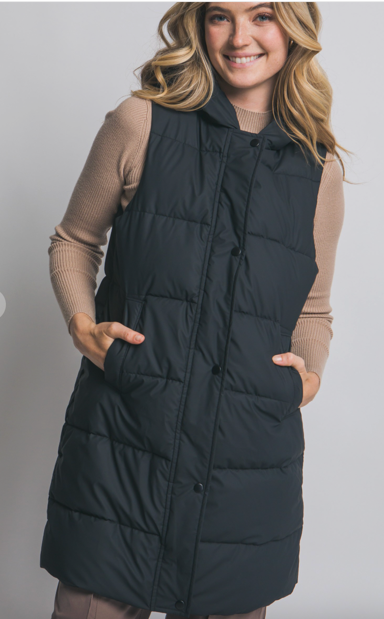 Everyday Hooded Long Quilted Puffer Vest
