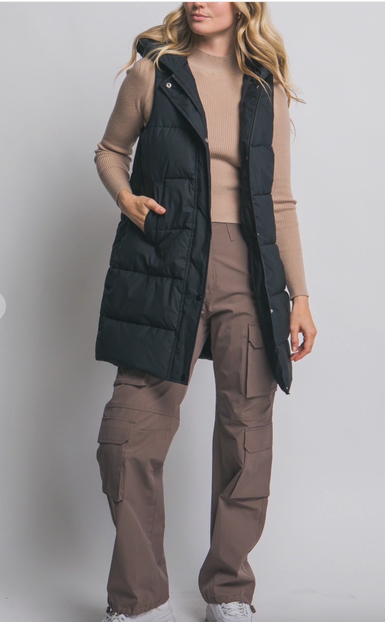 Everyday Hooded Long Quilted Puffer Vest