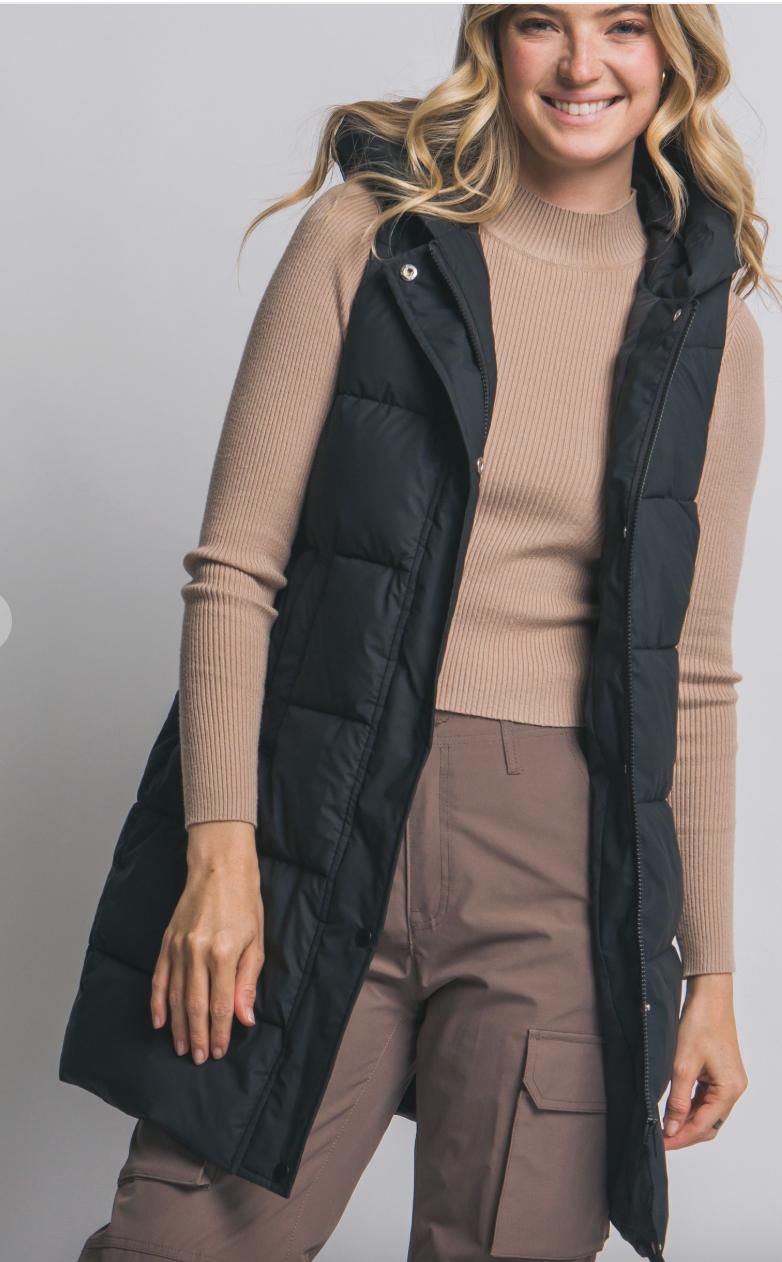 Everyday Hooded Long Quilted Puffer Vest