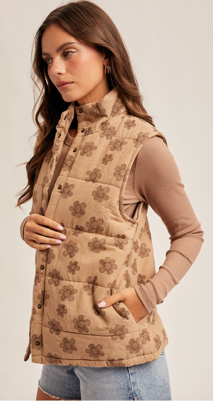 Farah Floral Brushed Padding Vest With Pockets