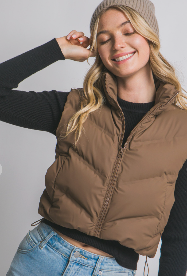 Cali Cropped Puffer Vest ( Chocolate)